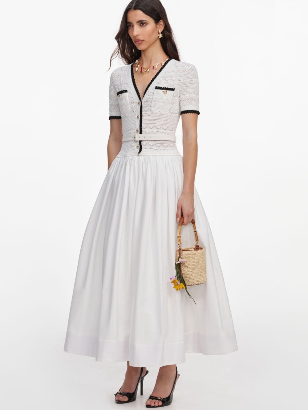 NWOT Self-Portrait WHITE KNIT LINEN MIDI DRESS - Picture 4 of 12